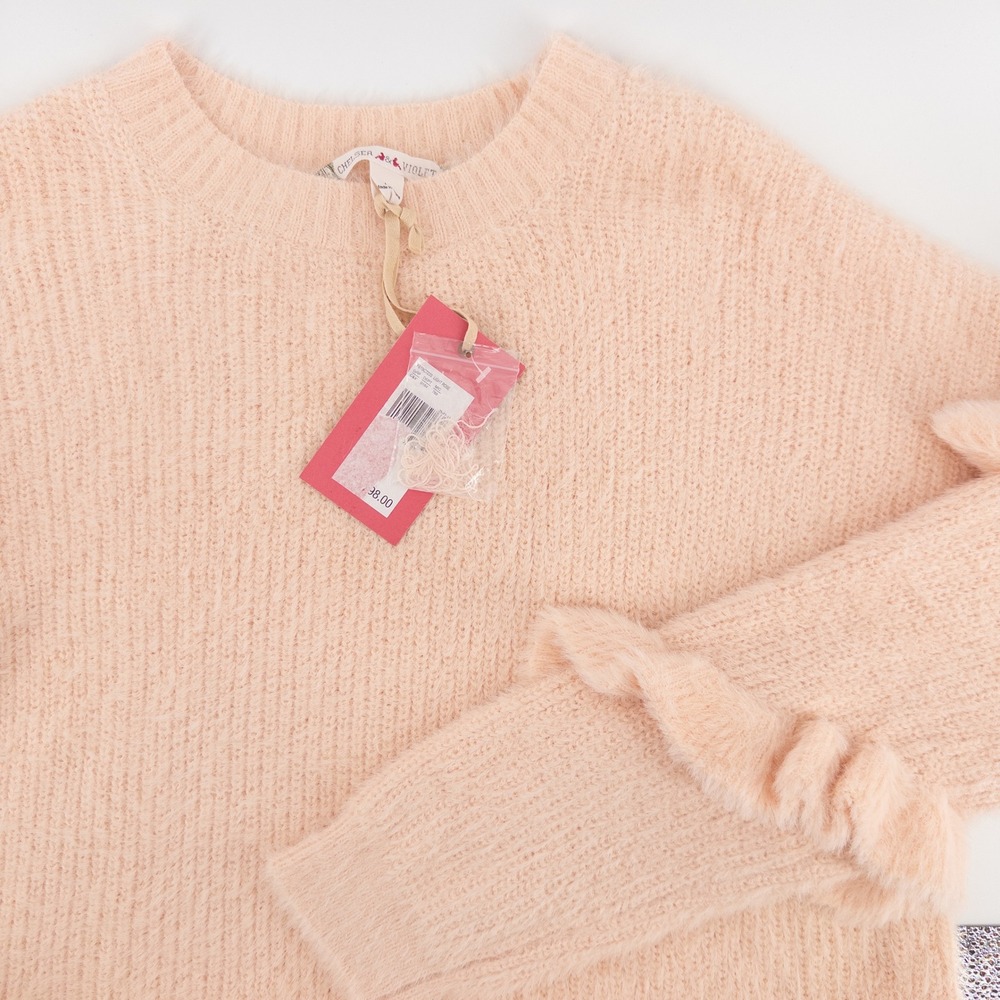 NWT‎ Chelsea & Violet Womens Large Sweater Pink Fuzzy Ruffle Sleeve Pullover